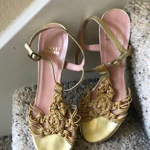 Stuart Weitzman gold-colored straps sling pump